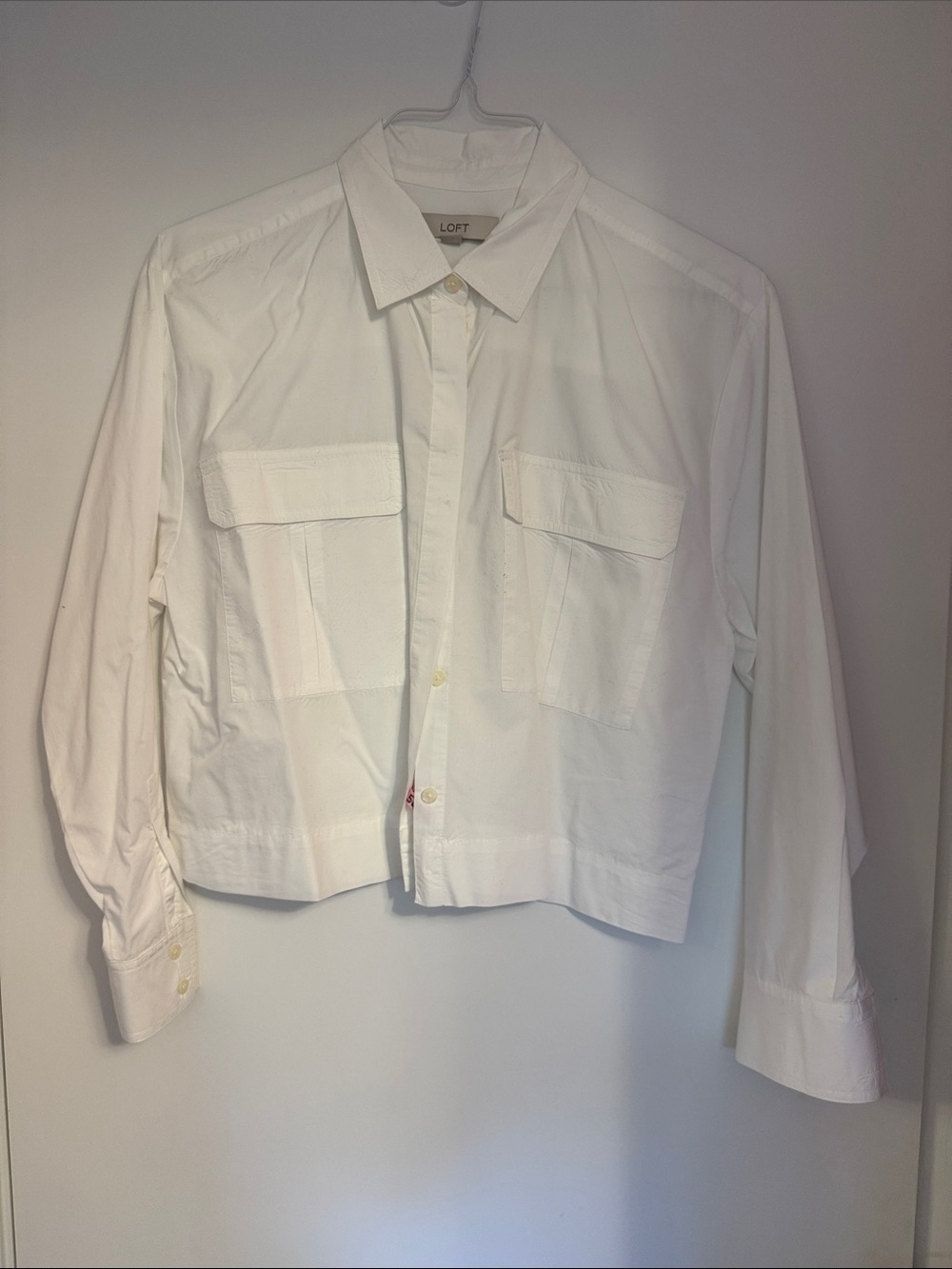 LOFT White Cropped Button-Down Shirt with Front Pockets